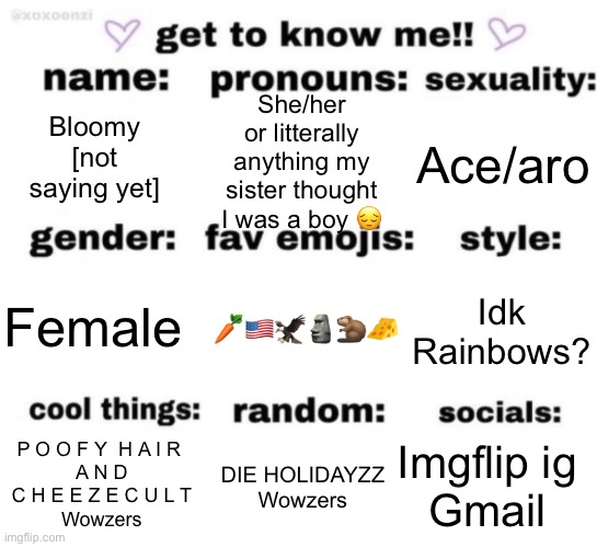 get to know me but better | She/her or litterally anything my sister thought I was a boy 😔; Bloomy [not saying yet]; Ace/aro; 🥕🇺🇸🦅🗿🦫🧀; Idk
Rainbows? Female; Imgflip ig 
Gmail; DIE HOLIDAYZZ
Wowzers; P O O F Y  H A I R 
A N D
C H E E Z E C U L T
Wowzers | image tagged in get to know me but better,wowzers | made w/ Imgflip meme maker