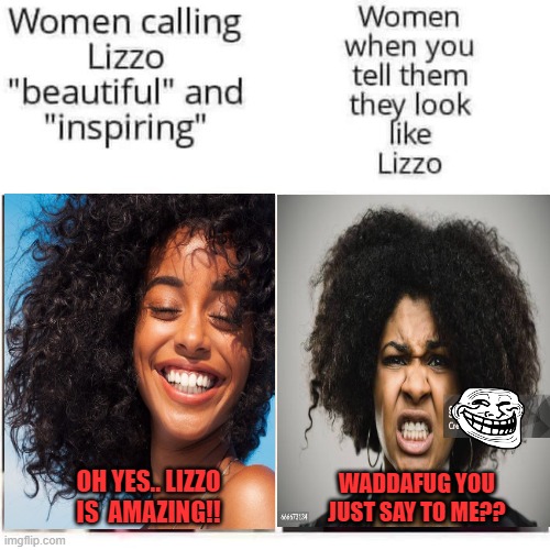 lizzo | WADDAFUG YOU JUST SAY TO ME?? OH YES.. LIZZO IS  AMAZING!! | image tagged in funny | made w/ Imgflip meme maker