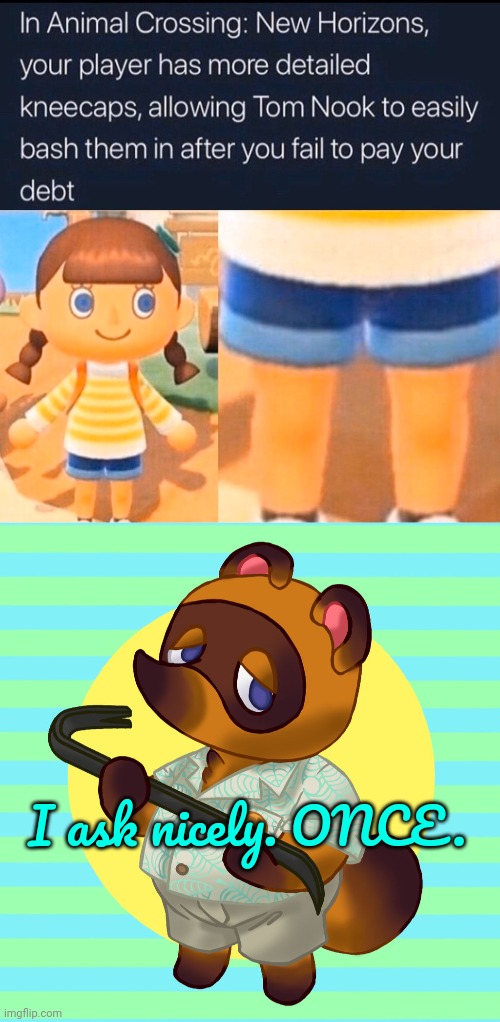 Tom Nook lore | I ask nicely. ONCE. | image tagged in tom nook,animal crossing,take a knee | made w/ Imgflip meme maker