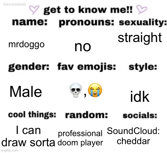 Made this cuz why bot | straight; mrdoggo; no; 💀,😭; Male; idk; SoundCloud: cheddar; I can draw sorta; professional doom player | image tagged in get to know me but better | made w/ Imgflip meme maker