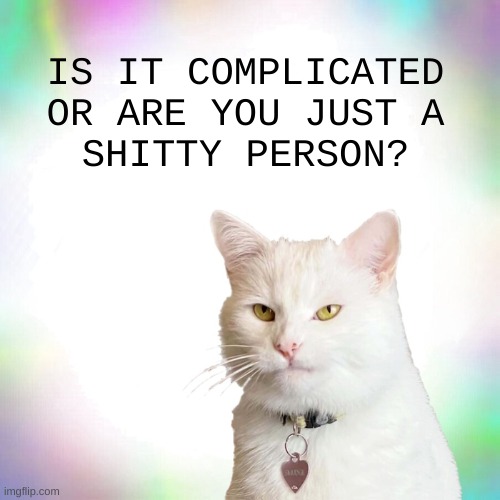 IS IT COMPLICATED
OR ARE YOU JUST A
SHITTY PERSON? | image tagged in smudge the cat,smudge,complicated,cat,shitty,person | made w/ Imgflip meme maker