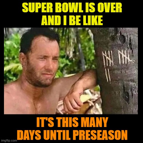 I miss football | SUPER BOWL IS OVER
AND I BE LIKE; IT'S THIS MANY DAYS UNTIL PRESEASON | image tagged in football,nfl,super bowl,nfl football,castaway,countdown | made w/ Imgflip meme maker