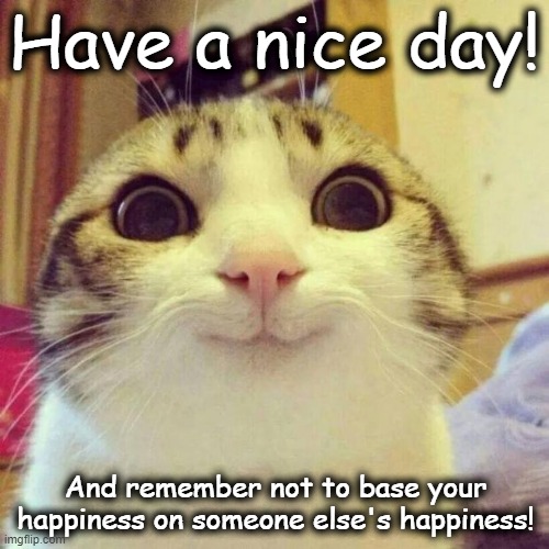 Have a nice day! | Have a nice day! And remember not to base your happiness on someone else's happiness! | image tagged in memes,smiling cat,have a nice day | made w/ Imgflip meme maker