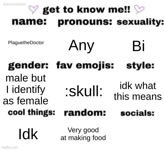 New trend that is happening I guess | PlaguetheDoctor; Any; Bi; :skull:; idk what this means; male but I identify as female; Very good at making food; Idk | image tagged in get to know me but better | made w/ Imgflip meme maker