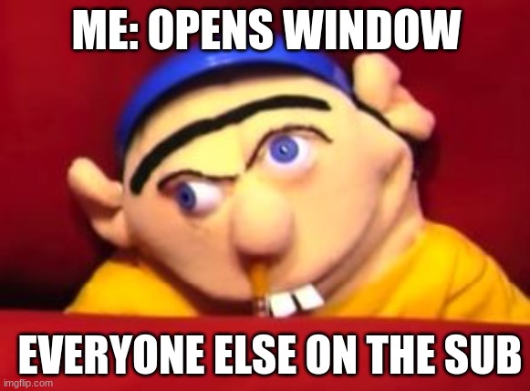 Jeffy | ME: OPENS WINDOW; EVERYONE ELSE ON THE SUB | image tagged in jeffy | made w/ Imgflip meme maker