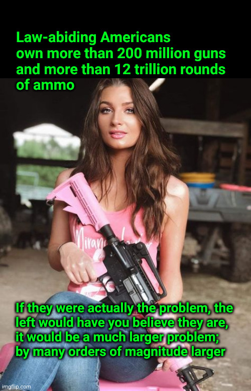 Law-abiding Americans own more than 200 million guns and more than 12 trillion rounds of ammo | Law-abiding Americans
own more than 200 million guns
and more than 12 trillion rounds
of ammo; If they were actually the problem, the
left would have you believe they are,
it would be a much larger problem;
by many orders of magnitude larger | image tagged in attractive beautiful brunette woman ar-15 rifle patriotic | made w/ Imgflip meme maker