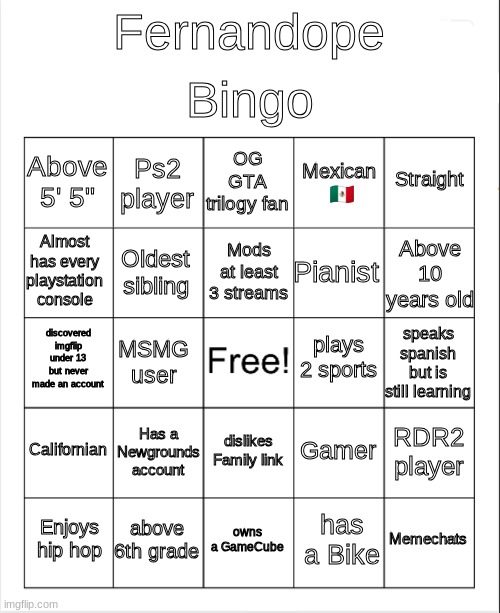 Blank Bingo | Bingo; Fernandope; OG GTA trilogy fan; Ps2 player; Straight; Above 5' 5"; Mexican  🇲🇽; Mods at least 3 streams; Above 10 years old; Almost has every playstation console; Pianist; Oldest sibling; plays 2 sports; discovered imgflip under 13 but never made an account; speaks spanish but is still learning; MSMG user; Californian; Has a Newgrounds account; RDR2 player; Gamer; dislikes Family link; above 6th grade; Memechats; Enjoys hip hop; owns a GameCube; has a Bike | image tagged in blank bingo | made w/ Imgflip meme maker