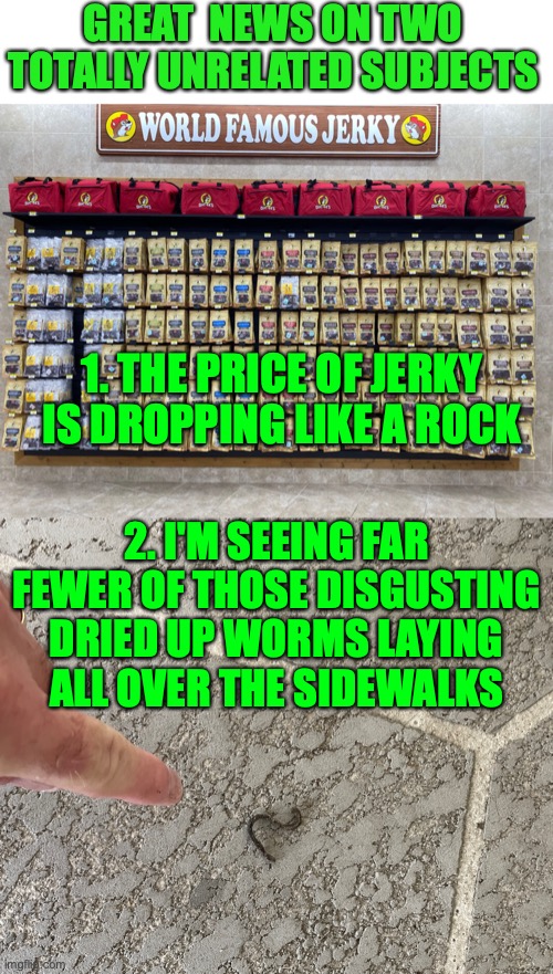 wall of jerky | GREAT  NEWS ON TWO TOTALLY UNRELATED SUBJECTS; 1. THE PRICE OF JERKY IS DROPPING LIKE A ROCK; 2. I'M SEEING FAR FEWER OF THOSE DISGUSTING DRIED UP WORMS LAYING ALL OVER THE SIDEWALKS | image tagged in wall of jerky | made w/ Imgflip meme maker