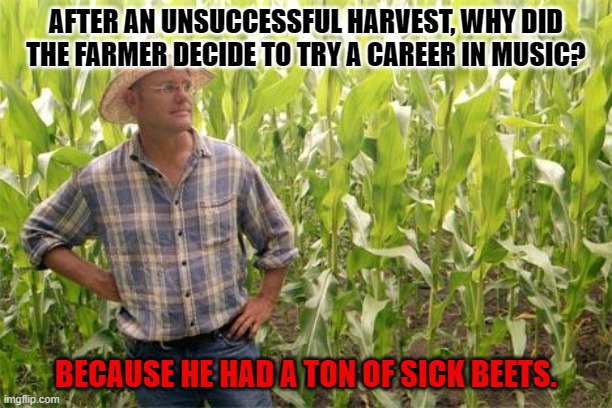 Daily Bad Dad Joke February 19, 2024 | AFTER AN UNSUCCESSFUL HARVEST, WHY DID THE FARMER DECIDE TO TRY A CAREER IN MUSIC? BECAUSE HE HAD A TON OF SICK BEETS. | image tagged in farmer john | made w/ Imgflip meme maker