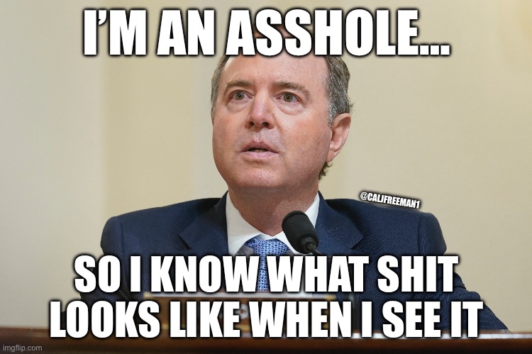 I’M AN ASSHOLE…; @CALJFREEMAN1; SO I KNOW WHAT SHIT LOOKS LIKE WHEN I SEE IT | image tagged in adam schiff,joe biden,maga,republicans,donald trump | made w/ Imgflip meme maker