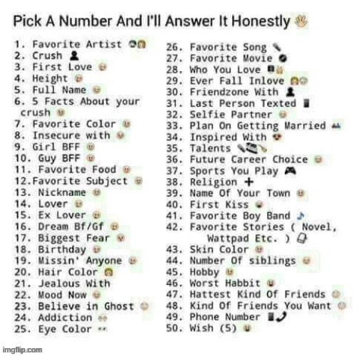 I want to answer all of them so please pick a number(s) | image tagged in rizz | made w/ Imgflip meme maker