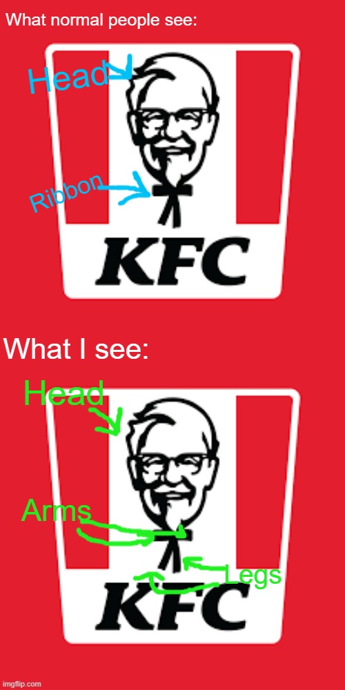 What normal people see:; Head; Ribbon; What I see:; Head; Arms; Legs | image tagged in kfc,fun,memes | made w/ Imgflip meme maker