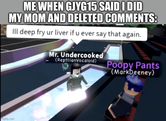 I will deep fry you liver if you ever say that again | ME WHEN GJYG15 SAID I DID MY MOM AND DELETED COMMENTS: | image tagged in i will deep fry you liver if you ever say that again | made w/ Imgflip meme maker
