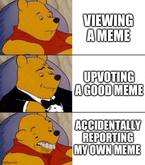 oops | VIEWING A MEME; UPVOTING A GOOD MEME; ACCIDENTALLY REPORTING MY OWN MEME | image tagged in best better blurst | made w/ Imgflip meme maker