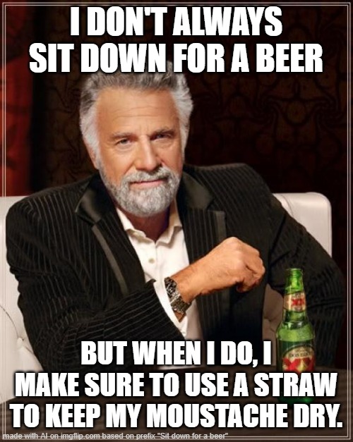 Having a Beer be like: | I DON'T ALWAYS SIT DOWN FOR A BEER; BUT WHEN I DO, I MAKE SURE TO USE A STRAW TO KEEP MY MOUSTACHE DRY. | image tagged in memes,the most interesting man in the world,beer,funny,funny meme,so true | made w/ Imgflip meme maker