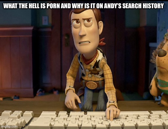 What the hell is porn | WHAT THE HELL IS PORN AND WHY IS IT ON ANDY’S SEARCH HISTORY | image tagged in woody annoyed | made w/ Imgflip meme maker