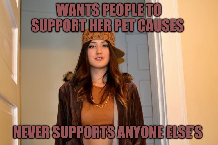 Scumbag Stephanie  | WANTS PEOPLE TO SUPPORT HER PET CAUSES; NEVER SUPPORTS ANYONE ELSE’S | image tagged in scumbag stephanie,donations,charity,political humor,political memes | made w/ Imgflip meme maker