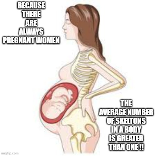 meme by Brad there are more skeletons than people | BECAUSE THERE ARE ALWAYS PREGNANT WOMEN; THE AVERAGE NUMBER OF SKELTONS IN A BODY IS GREATER THAN ONE !! | image tagged in fun,funny memes,pregnant woman,funny,humor | made w/ Imgflip meme maker