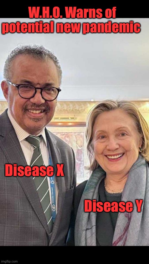 There is a pox upon the world: Marxist totalitarians taking your freedoms to increase their power. | W.H.O. Warns of potential new pandemic; Disease X; Disease Y | image tagged in who,disease x,tedros,hillary,pox,marxism | made w/ Imgflip meme maker