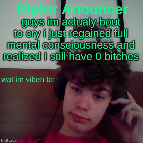 sad | guys im actualy bout to cry i just regained full mental consciousness and realized I still have 0 bitches | image tagged in riplor viben to | made w/ Imgflip meme maker