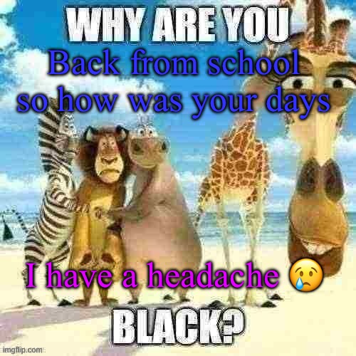 why are you black? | Back from school so how was your days; I have a headache 😢 | image tagged in why are you black | made w/ Imgflip meme maker
