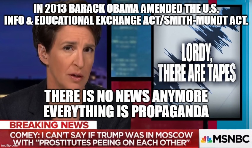 All of it is Propaganda | IN 2013 BARACK OBAMA AMENDED THE U.S. INFO & EDUCATIONAL EXCHANGE ACT/SMITH-MUNDT ACT. THERE IS NO NEWS ANYMORE
EVERYTHING IS PROPAGANDA | image tagged in propaganda,sounds like communist propaganda,fake news,cnn fake news,msnbc,rachel maddow | made w/ Imgflip meme maker