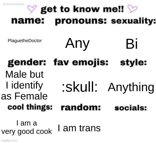 get to know me but better | PlaguetheDoctor; Any; Bi; :skull:; Anything; Male but I identify as Female; I am trans; I am a very good cook | image tagged in get to know me but better | made w/ Imgflip meme maker