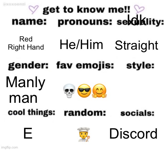 get to know me but better | Idk; Red Right Hand; He/Him; Straight; 💀😎🤗; Manly man; Discord; 🧑‍🍳; E | image tagged in get to know me but better | made w/ Imgflip meme maker
