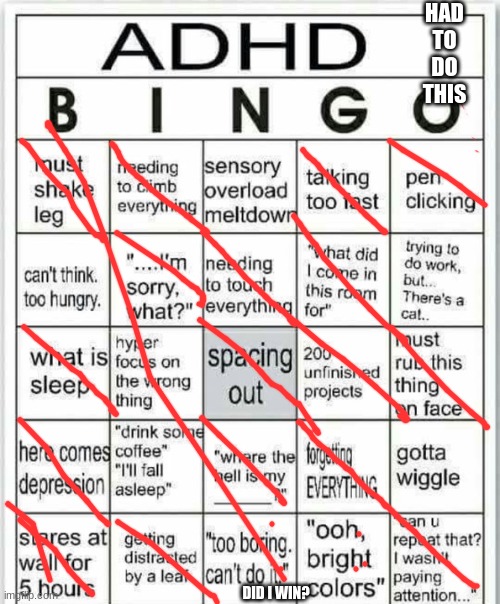 adhd bingo | HAD TO DO THIS; DID I WIN? | image tagged in adhd bingo | made w/ Imgflip meme maker