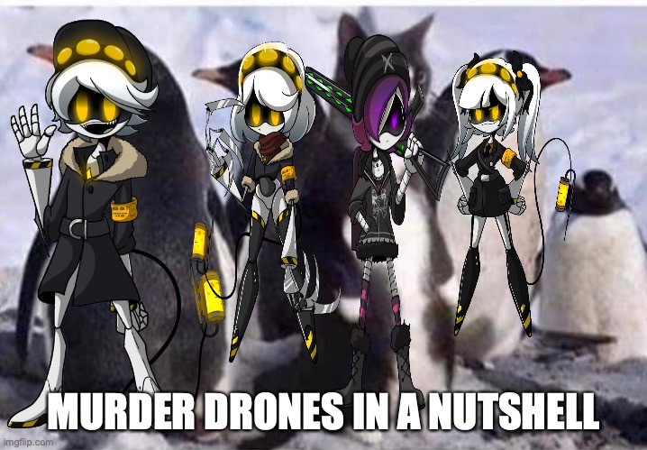 just came up with this | MURDER DRONES IN A NUTSHELL | image tagged in penguin cat,murder drones,memes | made w/ Imgflip meme maker