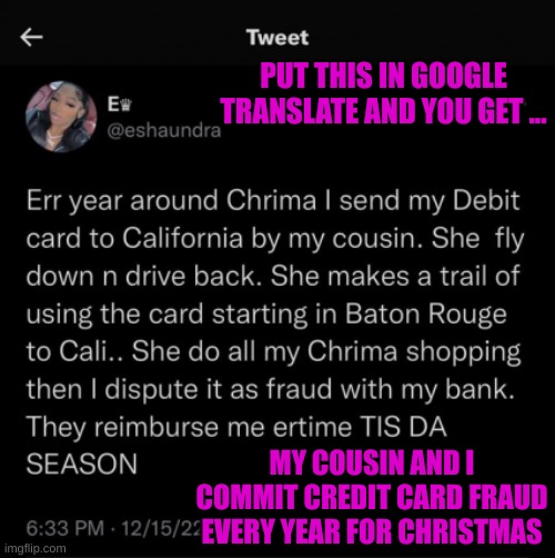 You just can't take the Criminal dna out of them | PUT THIS IN GOOGLE TRANSLATE AND YOU GET ... MY COUSIN AND I COMMIT CREDIT CARD FRAUD EVERY YEAR FOR CHRISTMAS | made w/ Imgflip meme maker