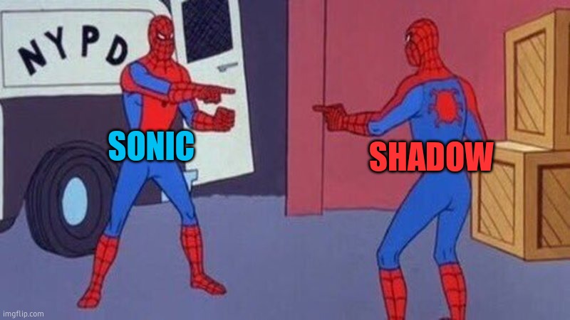 spiderman pointing at spiderman | SONIC; SHADOW | image tagged in spiderman pointing at spiderman | made w/ Imgflip meme maker