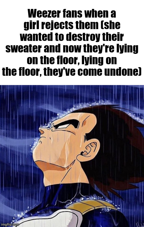 weeze | Weezer fans when a girl rejects them (she wanted to destroy their sweater and now they're lying on the floor, lying on the floor, they've come undone) | image tagged in vegeta in the rain | made w/ Imgflip meme maker