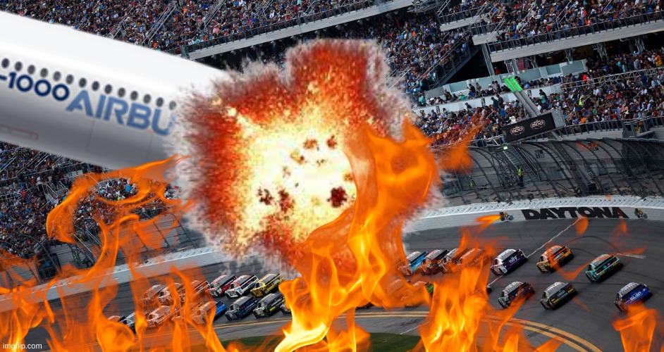 An Airbus type aircraft has struck the Daytona raceway, killing hundreds of spectators and killing everyone racing except one. | image tagged in path 1 | made w/ Imgflip meme maker