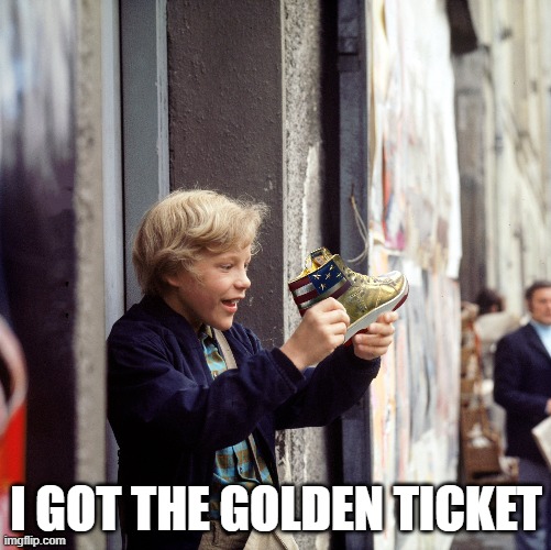 Hi top Golds | I GOT THE GOLDEN TICKET | image tagged in shoes,willie wonka,golden,ticket,maga,trump | made w/ Imgflip meme maker