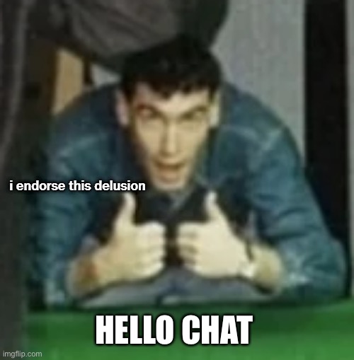 i endorse this delusion | HELLO CHAT | image tagged in i endorse this delusion | made w/ Imgflip meme maker