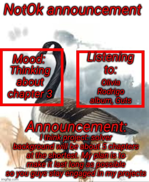 Announcement of NotOk | Olivia Rodrigo album, Guts; Thinking about chapter 3; I think project: solver background will be about 5 chapters at the shortest. My plan is to make it last long as possible so you guys stay engaged in my projects | image tagged in announcement of notok | made w/ Imgflip meme maker