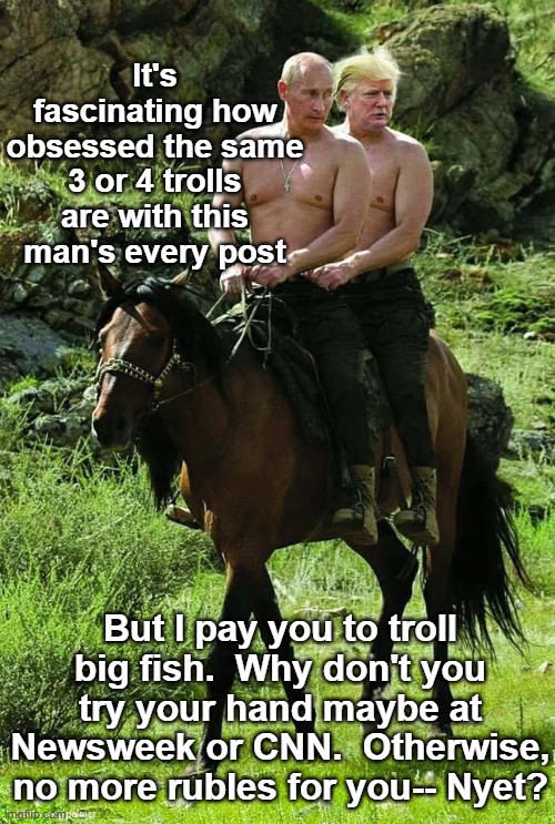 Trump Putin | It's fascinating how obsessed the same 3 or 4 trolls are with this man's every post But I pay you to troll big fish.  Why don't you try your | image tagged in trump putin | made w/ Imgflip meme maker