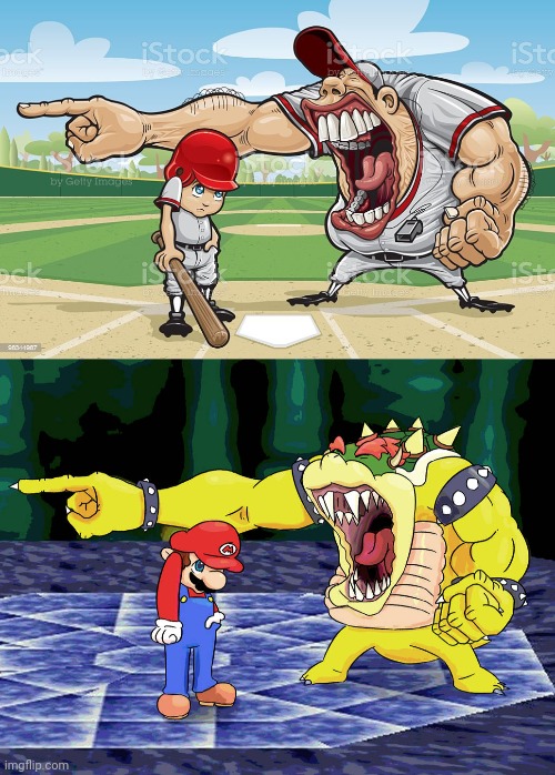 image tagged in baseball coach yelling at kid,yelling coach but it's bowser | made w/ Imgflip meme maker