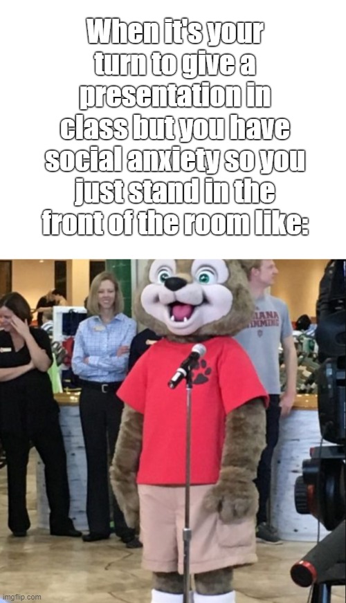 It's awful :( | When it's your turn to give a presentation in class but you have social anxiety so you just stand in the front of the room like: | image tagged in funny,memes,great wolf lodge,school,relatable memes,social anxiety | made w/ Imgflip meme maker