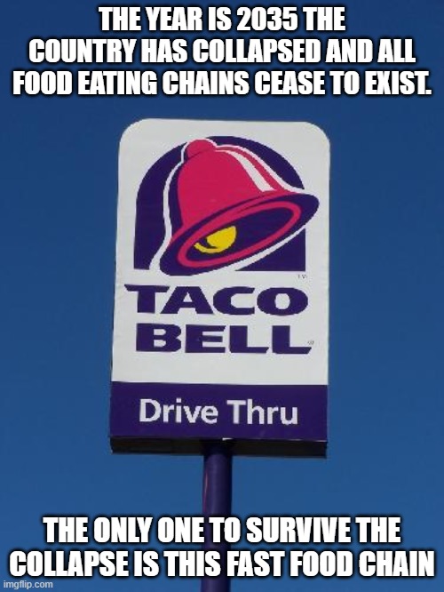 Taco Bell Sign | THE YEAR IS 2035 THE COUNTRY HAS COLLAPSED AND ALL FOOD EATING CHAINS CEASE TO EXIST. THE ONLY ONE TO SURVIVE THE COLLAPSE IS THIS FAST FOOD CHAIN | image tagged in taco bell sign,fast food,collapse,democrats,country | made w/ Imgflip meme maker