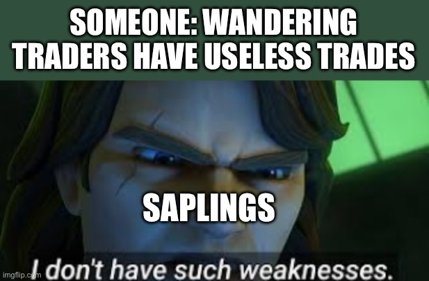 I dont have such weekness | SOMEONE: WANDERING TRADERS HAVE USELESS TRADES; SAPLINGS | image tagged in i dont have such weekness | made w/ Imgflip meme maker