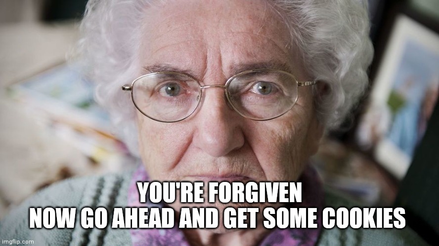 Disappointed Granny | YOU'RE FORGIVEN
NOW GO AHEAD AND GET SOME COOKIES | image tagged in disappointed granny | made w/ Imgflip meme maker