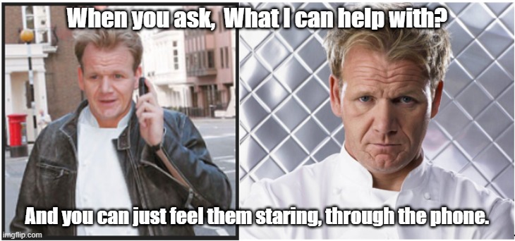 Phone Help | When you ask,  What I can help with? And you can just feel them staring, through the phone. | image tagged in gordon ramsey | made w/ Imgflip meme maker