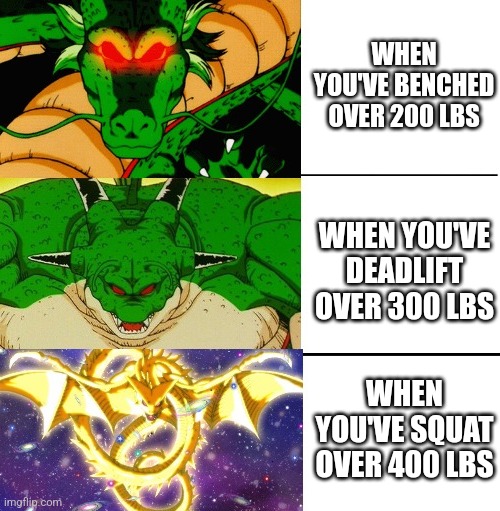 Dragon wish granted expansion | WHEN YOU'VE BENCHED OVER 200 LBS; WHEN YOU'VE DEADLIFT OVER 300 LBS; WHEN YOU'VE SQUAT OVER 400 LBS | image tagged in dragonball z,dragonball,dragonball super | made w/ Imgflip meme maker