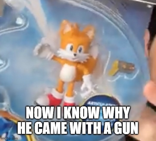 Tails | NOW I KNOW WHY HE CAME WITH A GUN | image tagged in tails | made w/ Imgflip meme maker