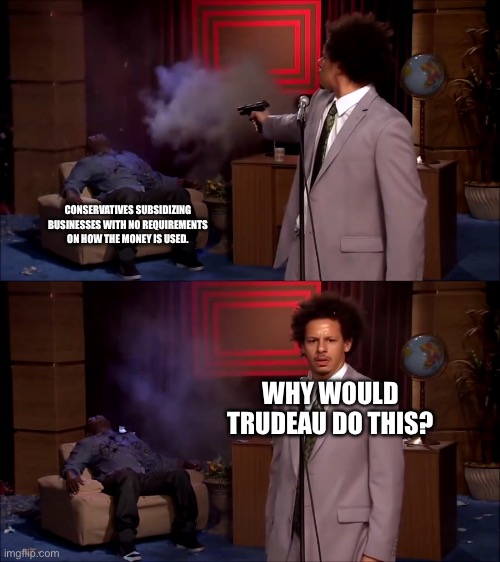 How could they have done this | CONSERVATIVES SUBSIDIZING BUSINESSES WITH NO REQUIREMENTS ON HOW THE MONEY IS USED. WHY WOULD TRUDEAU DO THIS? | image tagged in how could they have done this | made w/ Imgflip meme maker