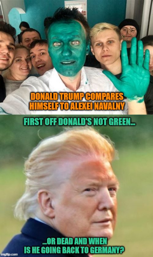 When you leavin'? | DONALD TRUMP COMPARES HIMSELF TO ALEXEI NAVALNY; FIRST OFF DONALD'S NOT GREEN... ...OR DEAD AND WHEN IS HE GOING BACK TO GERMANY? | image tagged in alexei navalny,loser trump,orange jesus,vladimir putin,trump's tears,maga moron | made w/ Imgflip meme maker