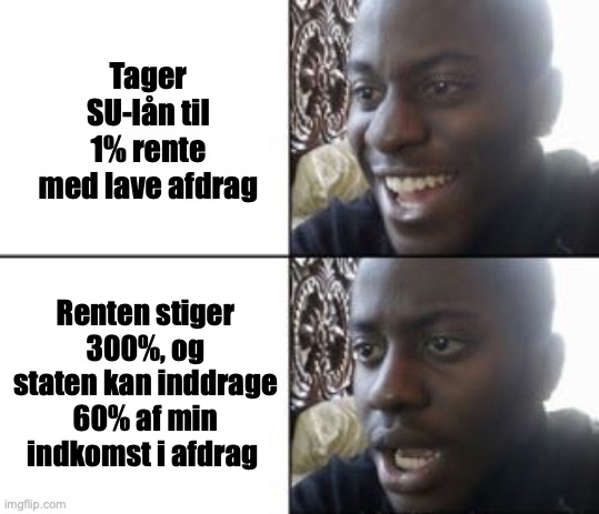 Reaction meme template | Tager SU-lån til 1% rente med lave afdrag; Renten stiger 300%, og staten kan inddrage 60% af min indkomst i afdrag | image tagged in reaction meme template | made w/ Imgflip meme maker