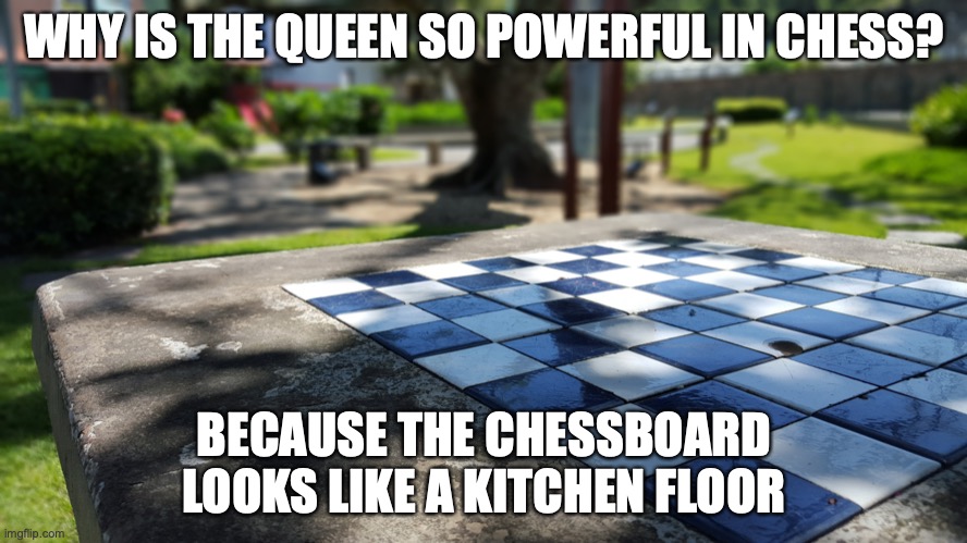 ♛ | WHY IS THE QUEEN SO POWERFUL IN CHESS? BECAUSE THE CHESSBOARD LOOKS LIKE A KITCHEN FLOOR | image tagged in chessboard | made w/ Imgflip meme maker